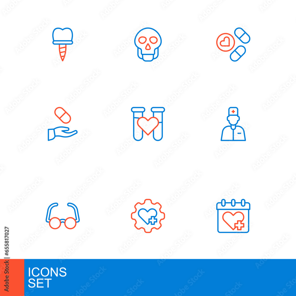 Set line Doctor appointment, Heart with cross, Glasses, Male doctor, Medical prescription, Test tube blood, Medicine pill tablet and Skull icon. Vector
