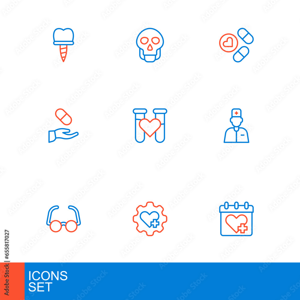 Set line Doctor appointment, Heart with cross, Glasses, Male doctor, Medical prescription, Test tube blood, Medicine pill tablet and Skull icon. Vector Set line Doctor appointment, Heart with cross, Glasses, Male doctor, Medical prescription, Test tube blood, Medicine pill tablet and Skull icon. Vector