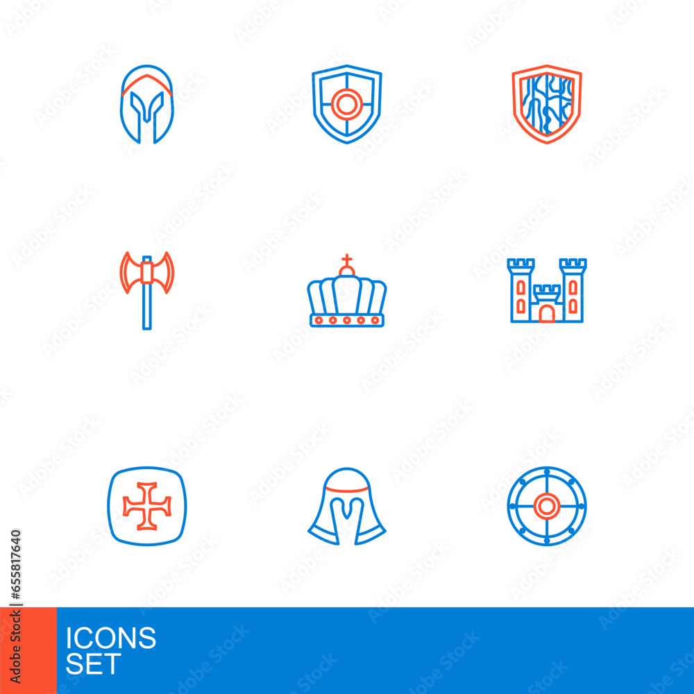 Set line Round shield, Medieval helmet, Crusade, Castle, poleaxe, King crown, Shield and icon. Vector