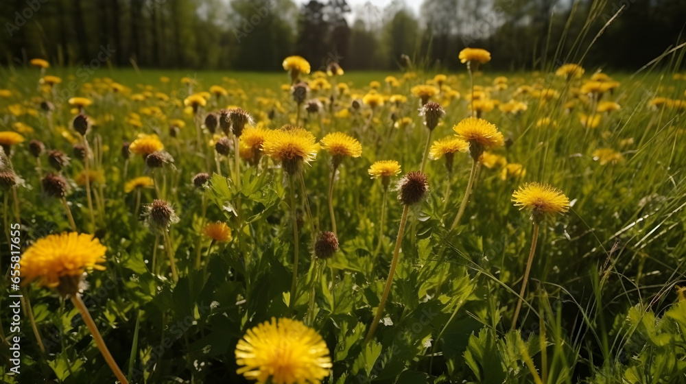 Meadow with yellow dandelions in springtime. Nature background, for banner background. - obrazy, fototapety, plakaty 