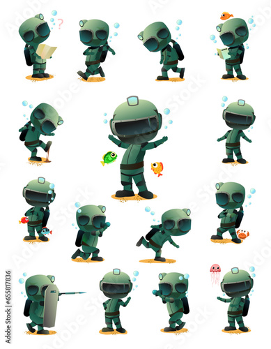Set of character submariner scuba diver. man in diving suit. At bottom in different situations. Funny cartoon style. object isolated on white background. Vector