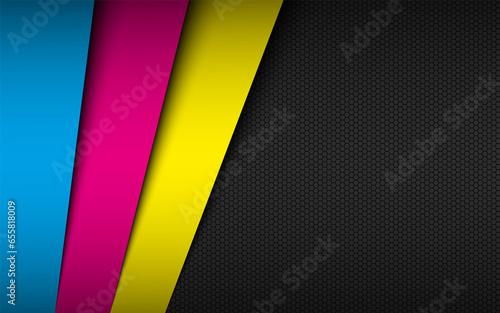 Black material background with stripes in cmyk colors and hexagonal grid pattern. Print design banner for your business. Abstract vector illustration