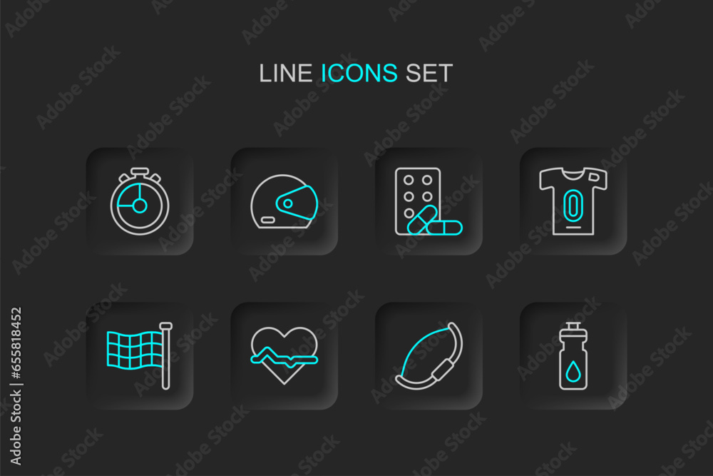 Set line Fitness shaker, Medieval bow, Heart rate, Checkered flag, Football jersey and t-shirt, Sports doping with dumbbell, Racing helmet and Stopwatch icon. Vector Set line Fitness shaker, Medieval bow, Heart rate, Checkered flag, Football jersey and t-shirt, Sports doping with dumbbell, Racing helmet and Stopwatch icon. Vector