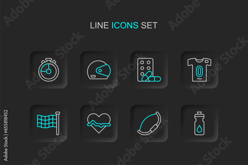 Set line Fitness shaker, Medieval bow, Heart rate, Checkered flag, Football jersey and t-shirt, Sports doping with dumbbell, Racing helmet and Stopwatch icon. Vector