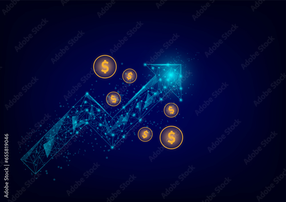 Obraz premium Stock and investment concept. A low polygon with a wireframe of the upper arrow and shiny dollar coin on a dark background. Burish market, profit of wealth, High-risk high return, business growth up.