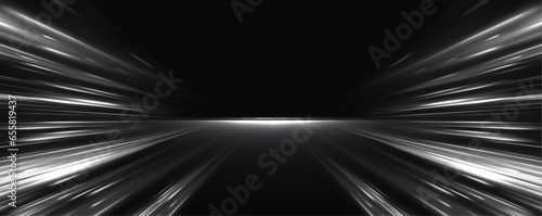 Abstract glowing speed lines, moving cars with white headlights on a dark highway. Vector glitter light fire flare trace. Abstract image of speed motion on the road. 