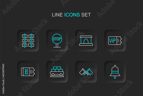 Set line Train station bell, Flag, Cargo train wagon, ticket, Railway tunnel, Stop sign and Broken or cracked railway icon. Vector