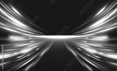 Abstract glowing lines of white color on a black background in the form of an motorway.  Vector futuristic empty neon background. High tech lines, studio product, future cyberspace concept.