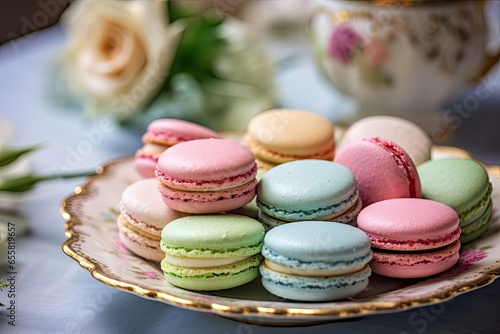 Assortment of pastel-colored macarons neatly arranged on a vintage tray. Generative AI