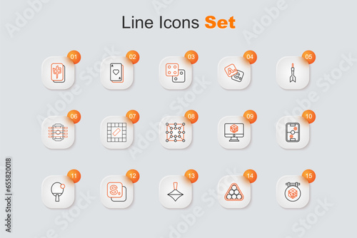 Set line Game dice, Billiard balls in triangle, Whirligig toy, Bingo, Racket, Air hockey table, and Board game icon. Vector