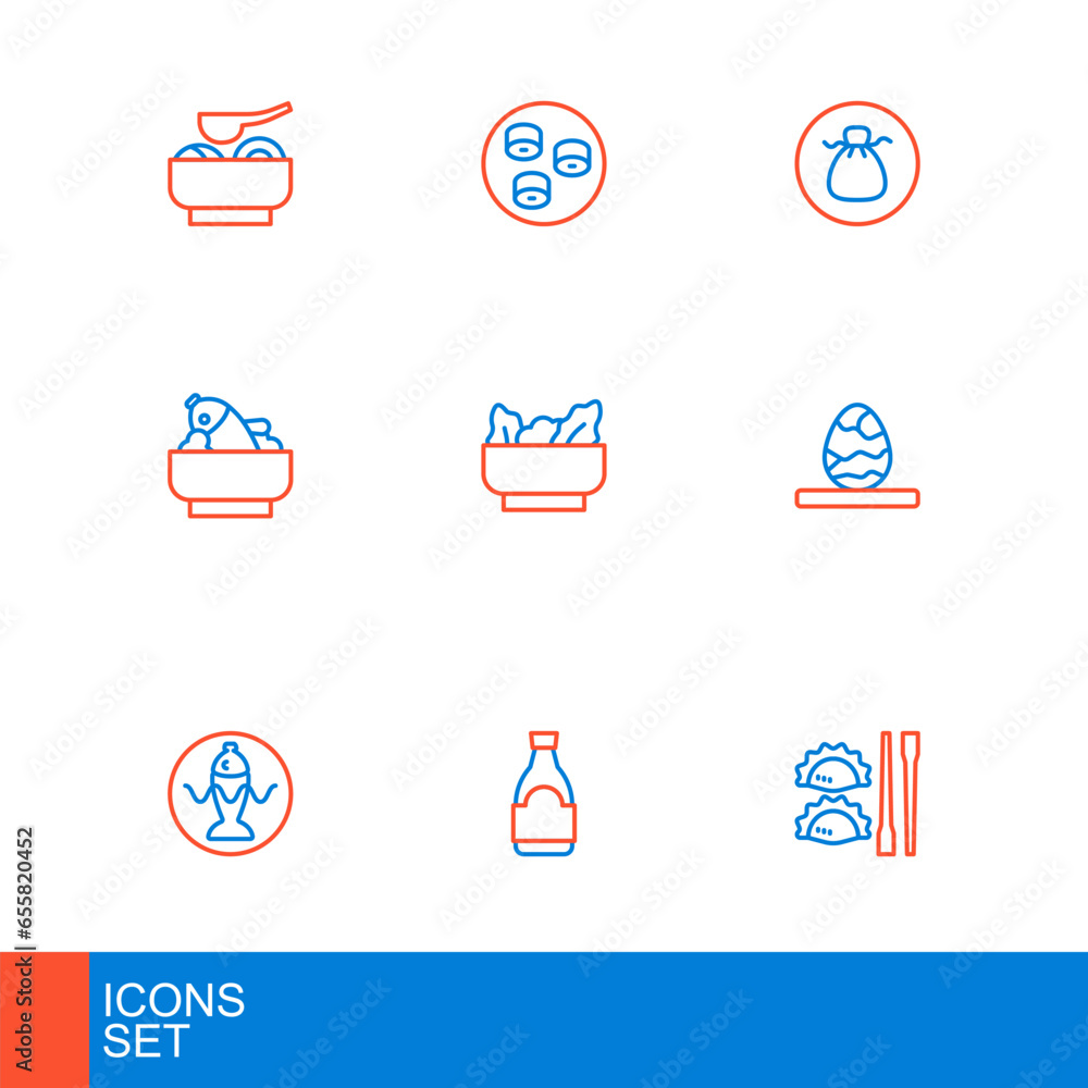 Set line Dumpling with chopsticks, Soy sauce bottle, Served fish on plate, Chinese tea egg, Rice bowl, Wonton, and Sushi icon. Vector