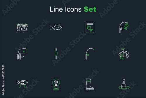 Set line Fishing float in water, boots, Location fishing, lure, Spinning reel for, rod, and Outboard boat motor icon. Vector
