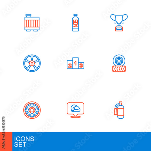Set line Fire extinguisher, Racing helmet, Alloy wheel for car, Car tire, Award over sports winner podium, cup and Nitrous oxide icon. Vector