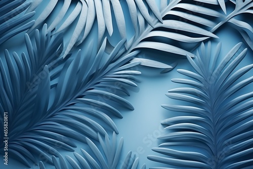 a blue background with palm leaves in the center  in the style of paper cut-outs  photorealistic rendering  organic sculptures 