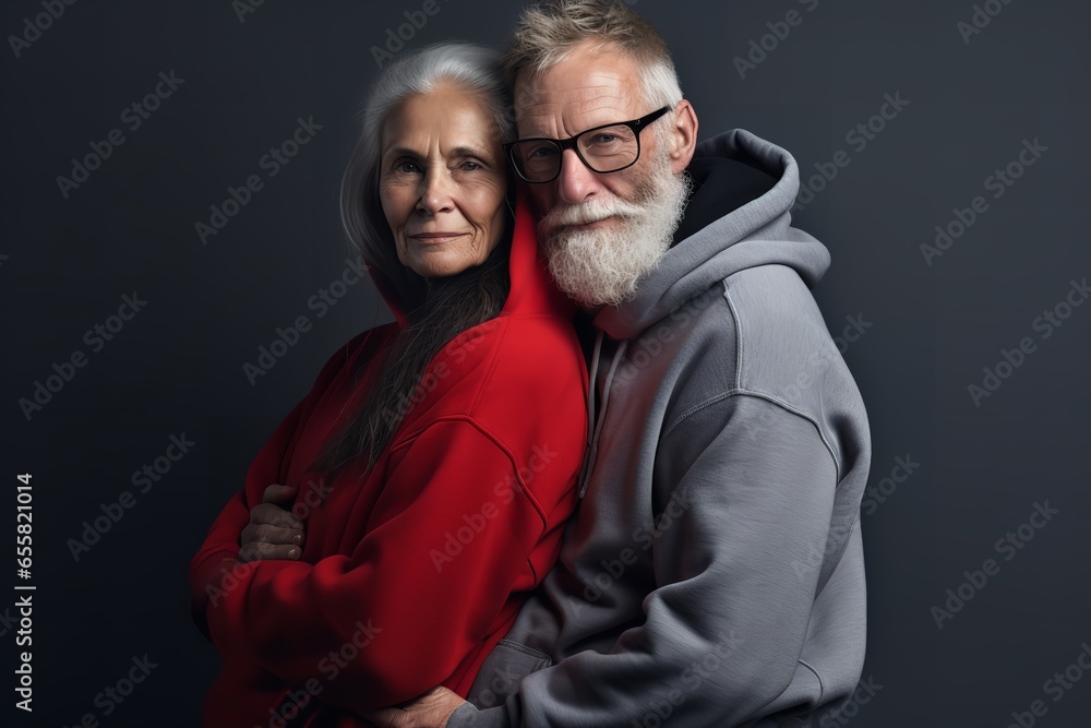 Obraz premium an old man and woman in a gray hoodie hugging together, in the style of youthful energy, combining natural and man-made elements