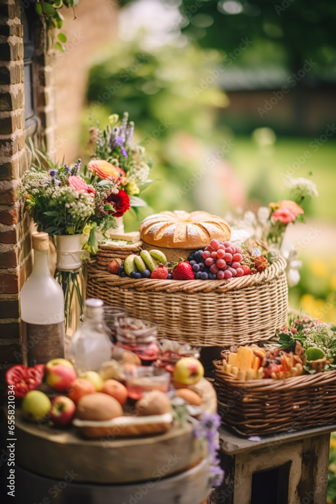 Summer garden harvest, farmers market and country buffet table, cakes and desserts in wicker basket in the garden, food catering for wedding and holiday celebration, floral decor