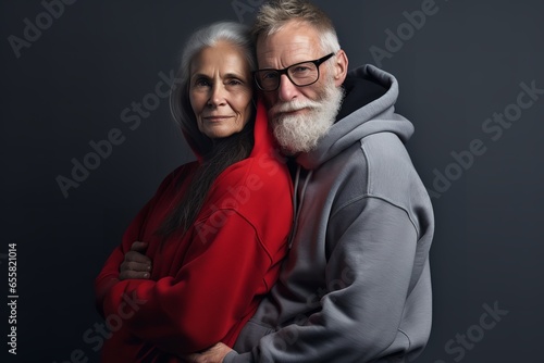 an old man and woman in a gray hoodie hugging together, in the style of youthful energy, combining natural and man-made elements