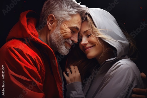 an old man and woman in a gray hoodie hugging together, in the style of youthful energy, combining natural and man-made elements