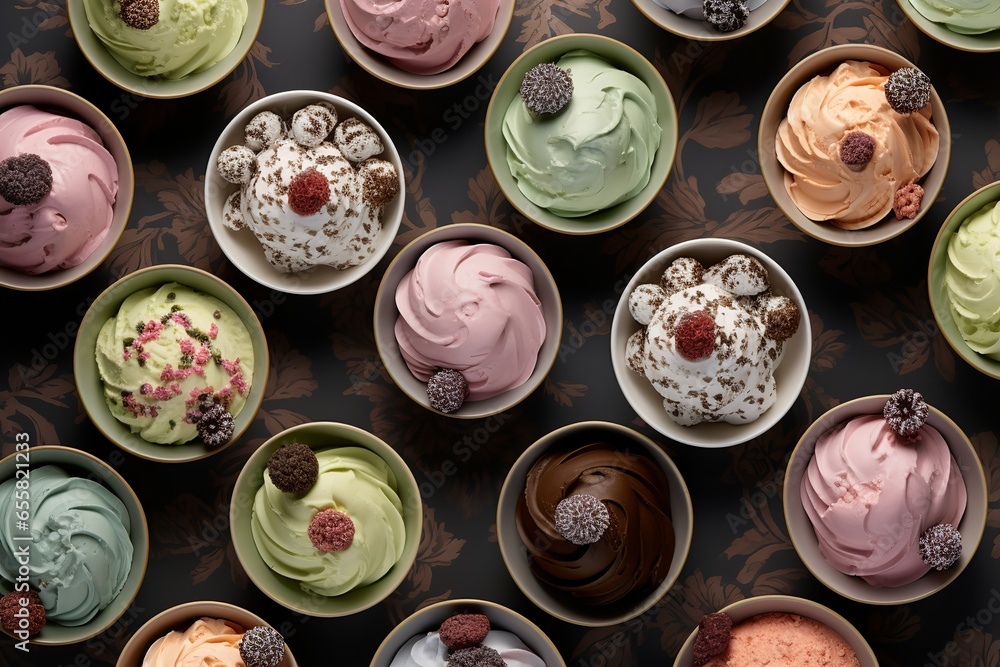 cinematic action shot of decadent bowls of whipped ice-cream, knolling, seamless repeat pattern, dusty pink, dusty green, dusty peach, dusty blue, cream, chocolate, cinematic action shot of decadent bowls of whipped ice-cream, knolling, seamless repeat pattern, dusty pink, dusty green, dusty peach, dusty blue, cream, chocolate,