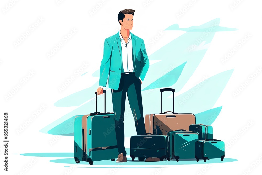 editorial web illustration, flat, minimalism, businessman, travel bags, white background, editorial web illustration, flat, minimalism, businessman, travel bags, white background,