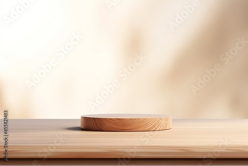 Empty minimal natural wooden table counter podium, beautiful wood grain in sunlight, shadow on white wall for luxury cosmetic, skincare, beauty treatment, decoration product display background 3D.