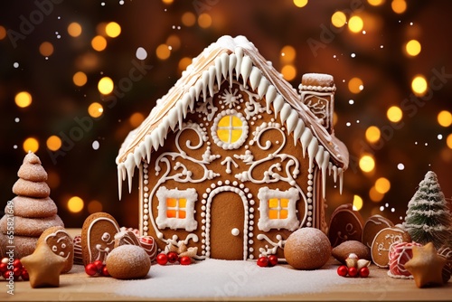 handmade Christmas gingerbread house. Delicious cookies prepared for the holiday, Bright color, ultra realistic