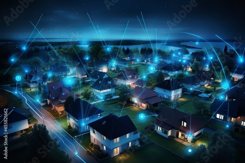 great photo of Digital community, smart homes and digital community. , digital network in society concept. suburban houses at night with data transactions.