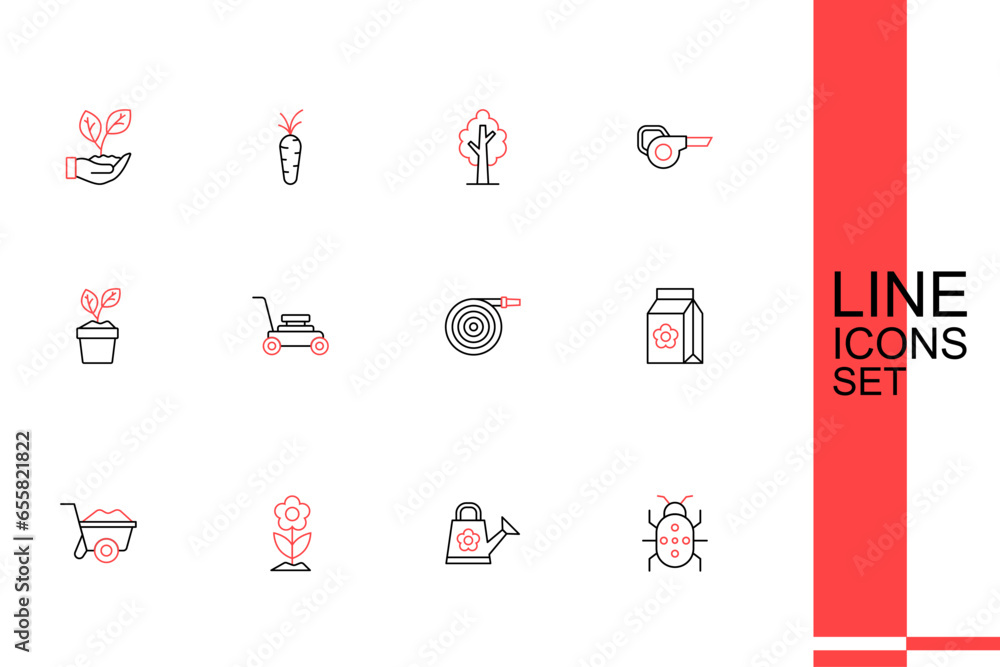 Set line Colorado beetle, Watering can, Flower, Wheelbarrow, Pack full of seeds, Garden hose, Lawn mower and Plant pot icon. Vector