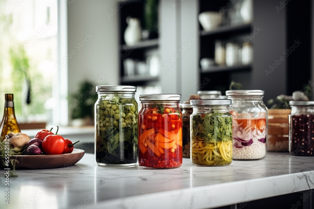 Masterpiece, fermented vegetables in glass jars on the table, white modern kitchen with windows background, Masterpiece, fermented vegetables in glass jars on the table, white modern kitchen with windows background,