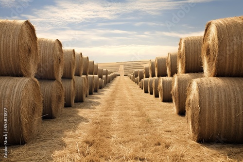 Valokuva path through large stacks of hay bales in rolling hills countryside
