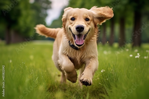 There is a golden retriever dog playing happily on the grass, galloping so that all four feet are off the ground, smiling, very healing