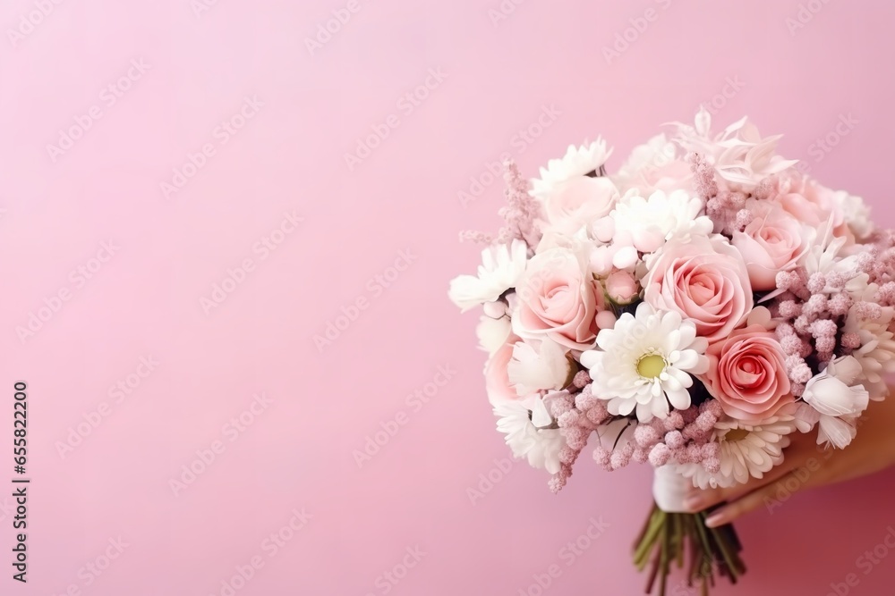 Wedding banner. Beautiful wedding bouquet in bride's hands. Pink background. 