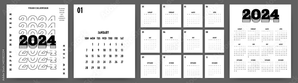 Calendar 2024 year. Week starts on Sunday. Design for planner, printing, stationery, organizer. - obrazy, fototapety, plakaty 