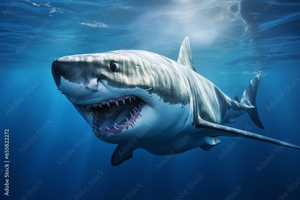 Obraz premium white shark, in blue water, scars