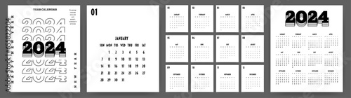 Calendar 2024 year. Week starts on Sunday. Design for planner, printing, stationery, organizer.