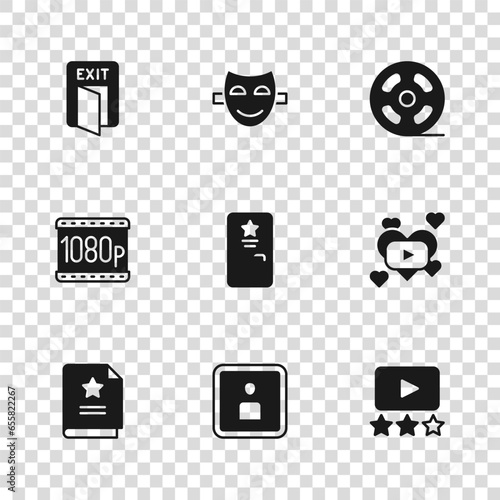 Set Play Video, Romantic movie, Rating, Backstage, Film reel, Fire exit, Comedy theatrical mask and Full HD 1080p icon. Vector