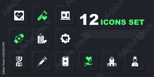 Set Hospital building, Male doctor, Patient record, Heart with cross, Smart watch heart, Syringe, Test tube blood and Emergency call 911 icon. Vector