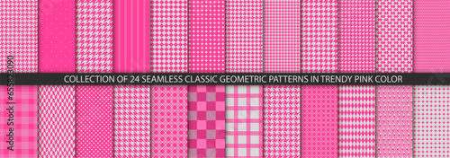 Collection of 24 houndstooth seamless patterns in trendy pink color. Pied de poule texture. Repeating pepita plaid patern for design prints. Simple abstract plaid dogstooth. Vector illustration