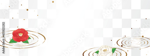 高級感のある椿と波紋の和風バナー　ホワイト＆ゴールド