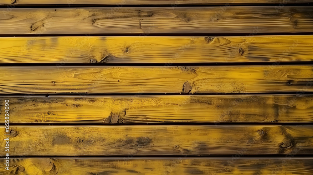 Fototapeta premium Old wooden planks, yellow background. Grunge, for interior or exterior design with copy space for text or image, banner background.