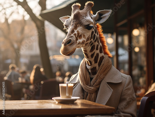 Giraffe in Style: An Elegantly Dressed Giraffe Sipping Espresso in a Café © Milica