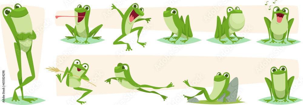 Cartoon frog. Lizards and frog funny action poses exact vector characters isolated - obrazy, fototapety, plakaty 