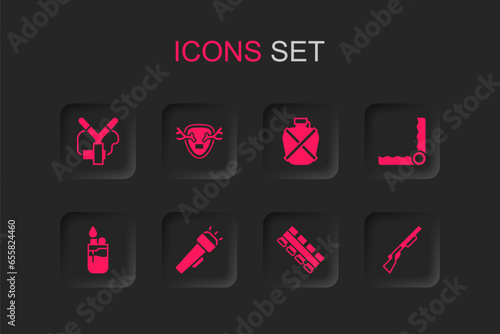 Set Flashlight, Deer antlers on shield, Slingshot, Hunting cartridge belt, Trap hunting, gun, Canteen water bottle and Lighter icon. Vector