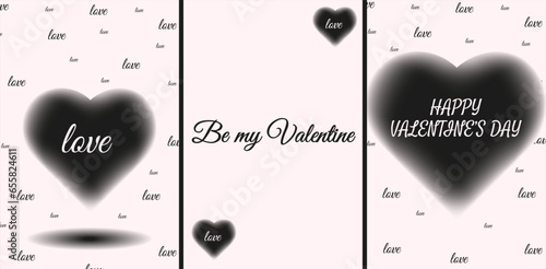 Black style design Valentine's day card cover with love font. Set Valentine Day posters, banner, card in trendy Y2K style. Black hearts pattern. Celebration web promo. Vector illustration.