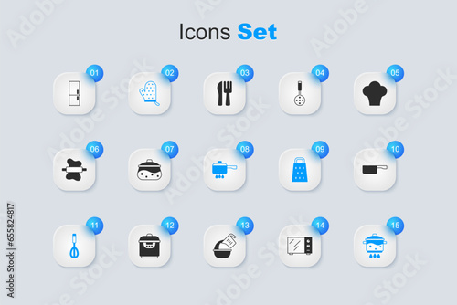 Set Microwave oven, Cooking pot, Oven glove, Kitchen whisk, on fire, Frying pan, Refrigerator and icon. Vector