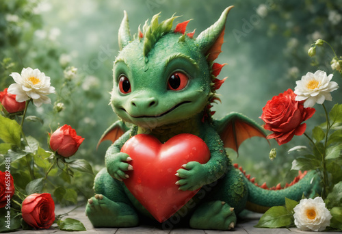 Cute and adorable little green dragon hold red heart. Generative AI © Sergey Ilin
