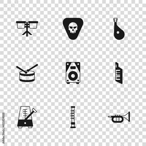 Set Flute, Keytar, Trumpet, Stereo speaker, Bandura, Bongo drum, Guitar pick and Drum with sticks icon. Vector