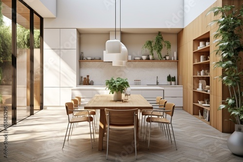 Modern fusion kitchen with white tones, island dining, herringbone floor, plants, and wooden elements. Generative AI