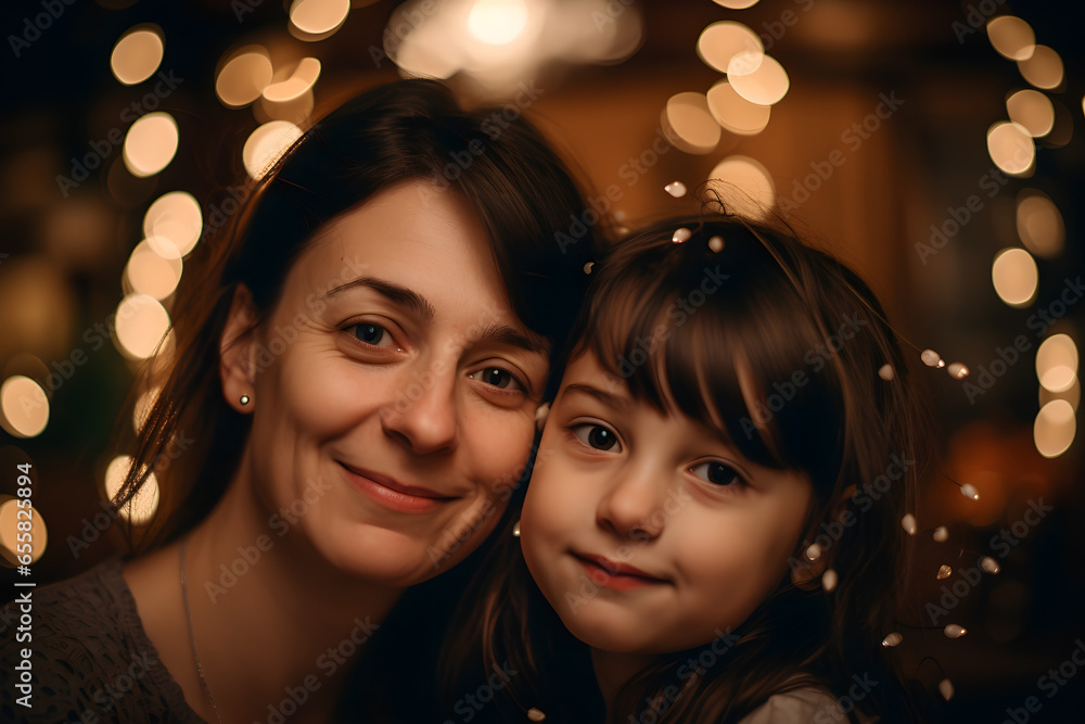Portrait of a beautiful mother with her daughter in the park with bokeh. mothers day concept