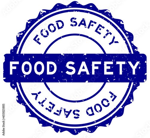 Grunge blue food safety word round rubber seal stamp on white background